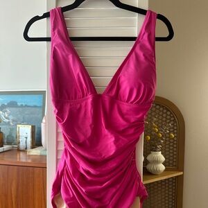 J.Crew long torso ruched V-neck one piece, size 8, radiant fuchsia